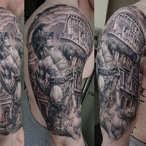 Ancient Rome Themed Black Ink Gladiator Statue Tattoo On Shoulder With Ancient Rome Themed Black Ink Gladiator Statue Tattoo On Shoulder With