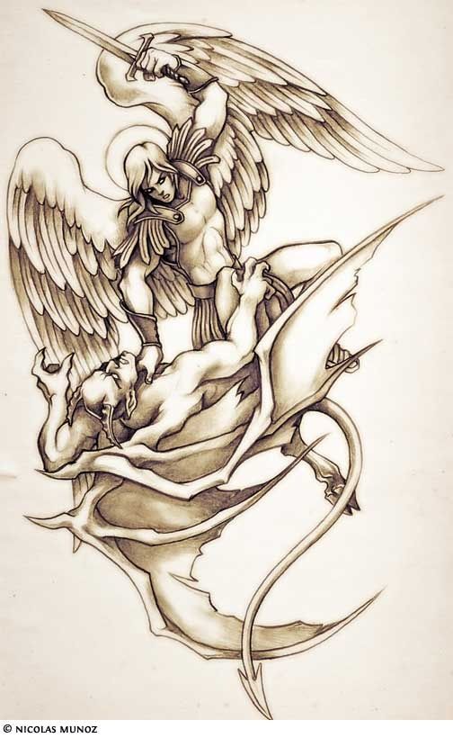 Angel Fighting Demon Over Earth World Tattoo Wood Print Angel Fighting Demon Over Earth World Tattoo Wood Print