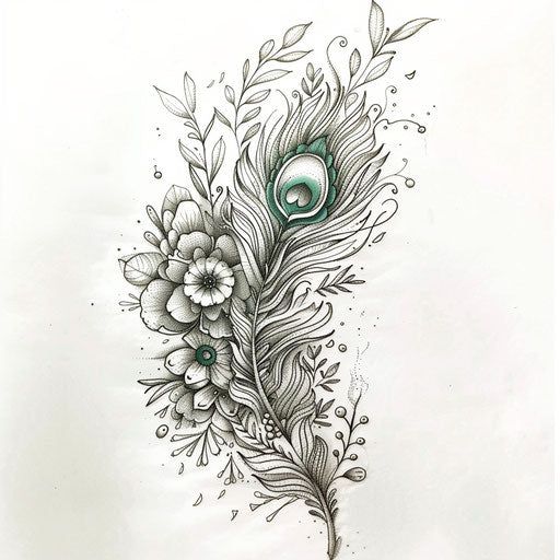 Botanical Peacock Feather Tattoo Sketch With Greenery And Floral Botanical Peacock Feather Tattoo Sketch With Greenery And Floral