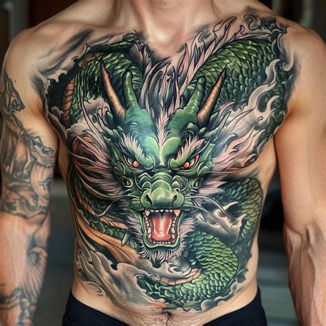 Fnote462 Dragon Tattoo Across Mans Chest And Stomach In Color In 2025