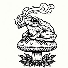 Frog On A Shroom Smokin Traditional Tattoo Outline Frog Tattoos