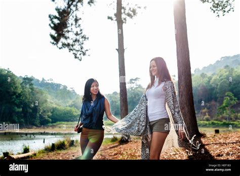 Girl Friends Exploring Outdoors Concept Stock Photo Alamy