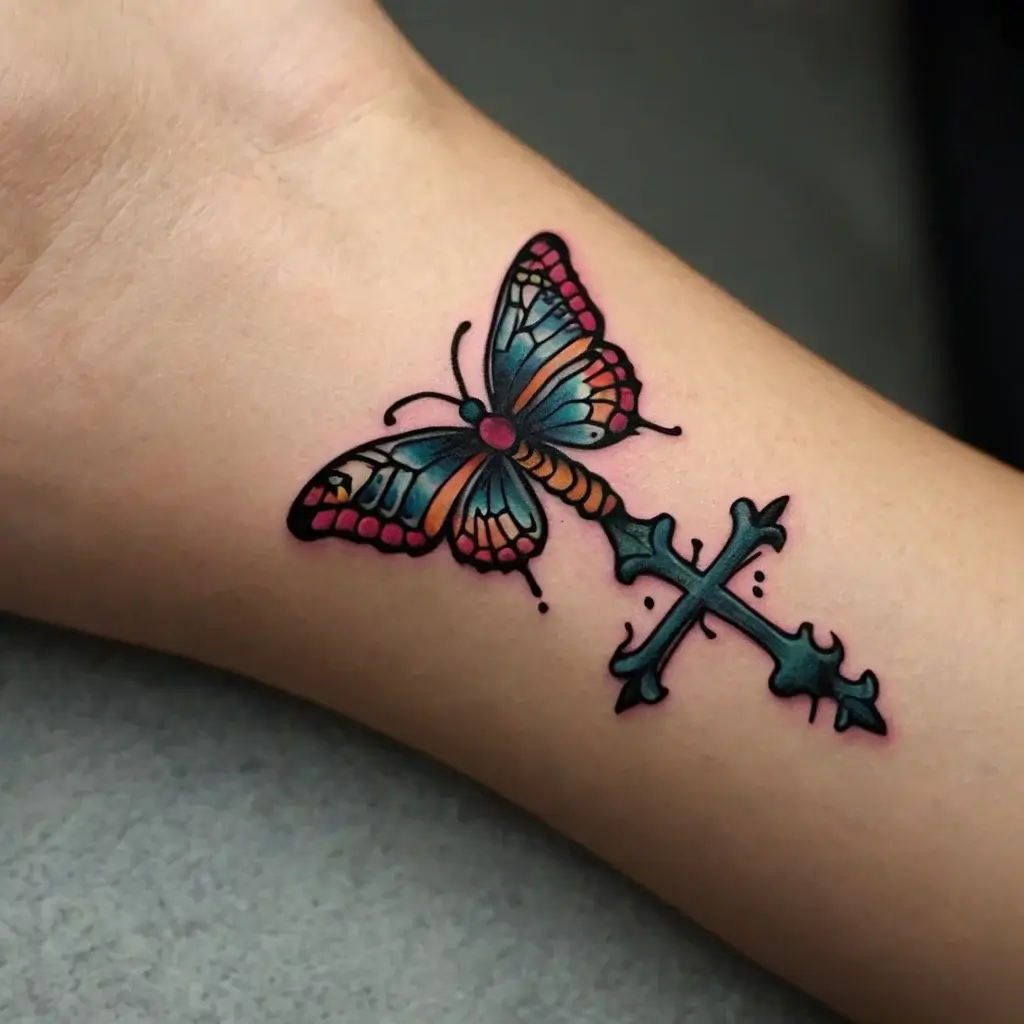 Little Butterfly And Cross Tattoos Located On The Wrist