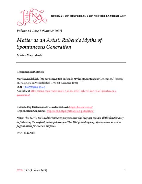 Matter As An Artist Rubens S Myths Of Spontaneous Generation Journal Of Historians Of Netherlandish Art Matter As An Artist Rubens S Myths Of Spontaneous Generation Journal Of Historians Of Netherlandish Art