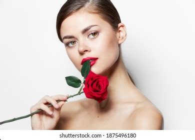 Model Nude Shoulders Rose Flower Red Lips Attractive Appearance Stock