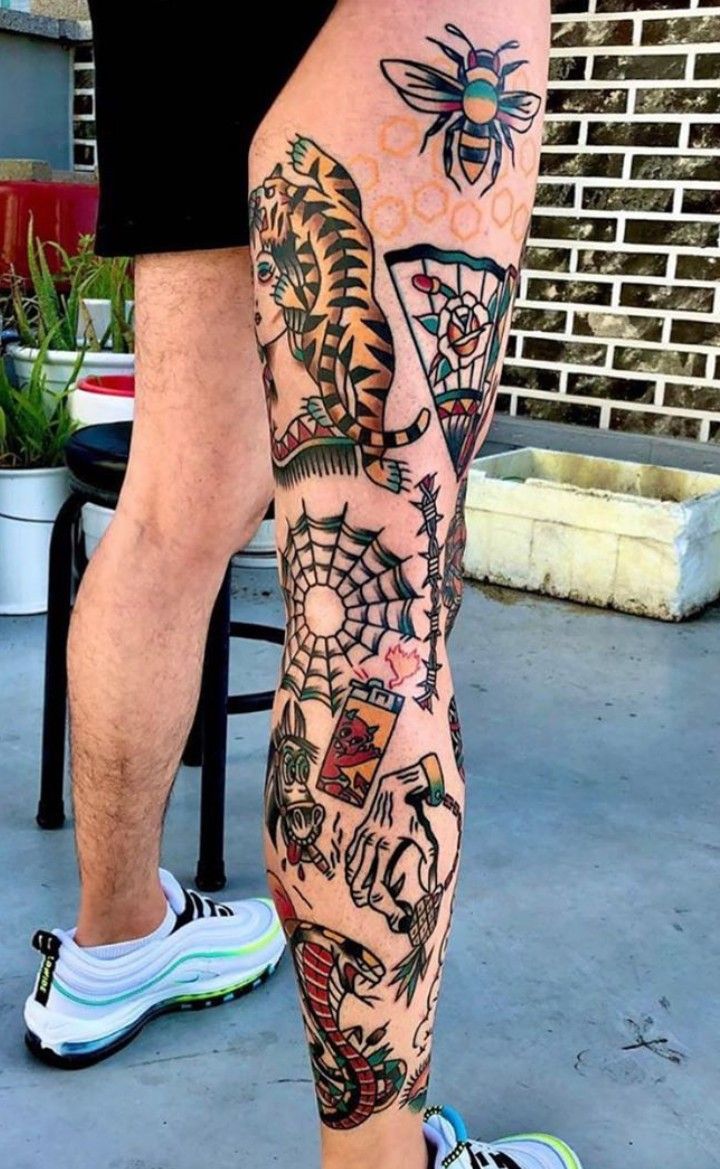 Old School Tattoo Leg Sleeve Old School Tattoo Leg Sleeve