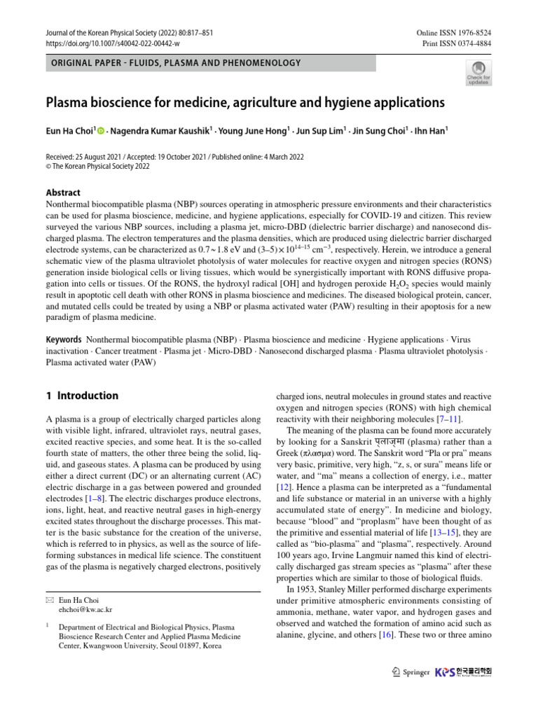 Plasma Bioscience For Medicine Agriculture And Hygiene Applications Journal Of The Korean Physical Society Plasma Bioscience For Medicine Agriculture And Hygiene Applications Journal Of The Korean Physical Society