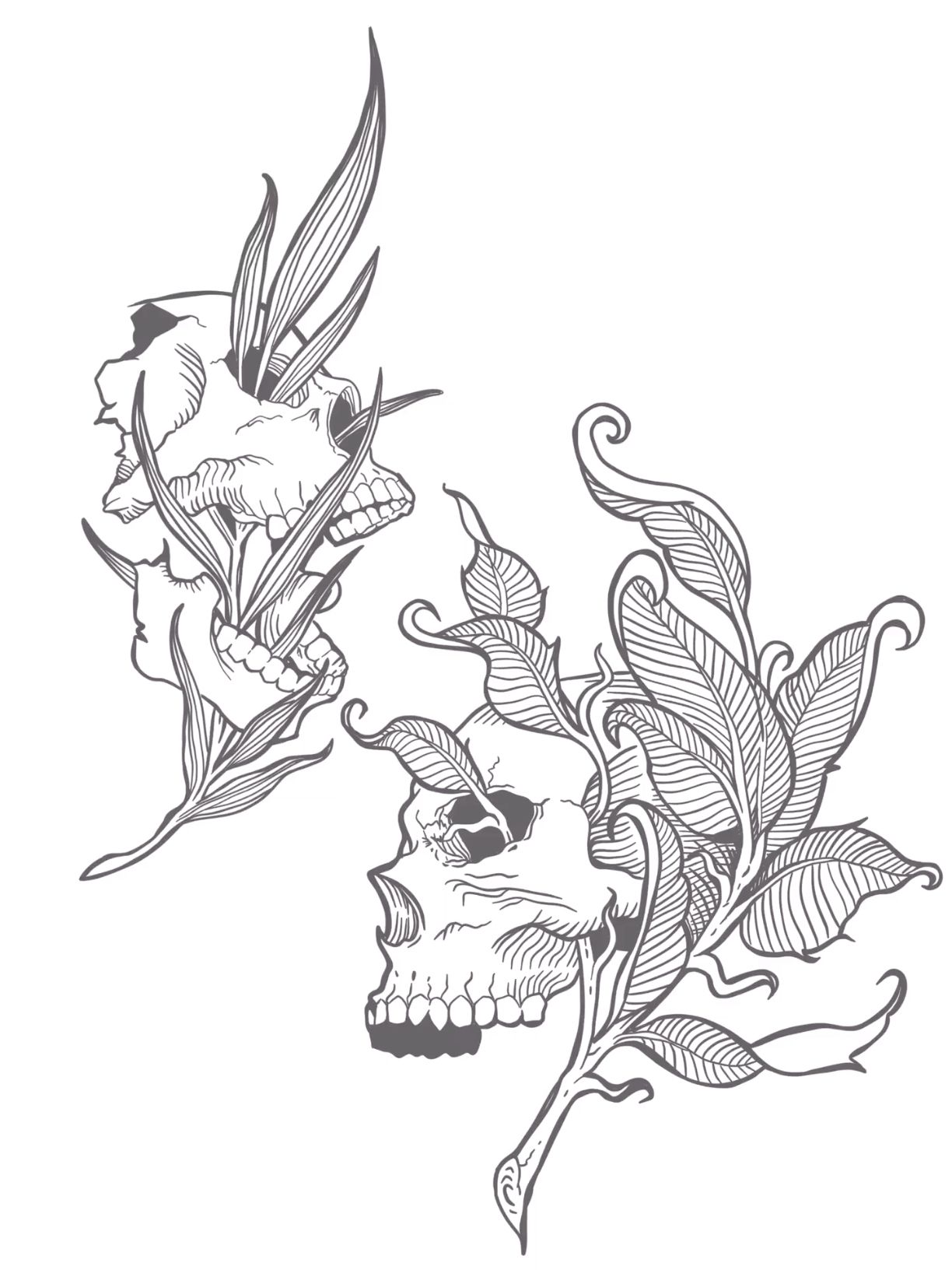 Sketch Work Floral Skull Tattoo On The Right Side