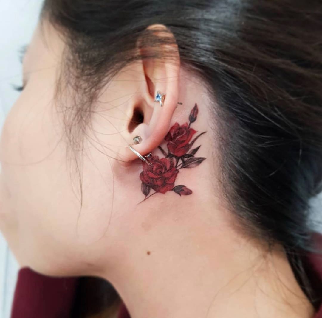 Small Roses Color Tattoo Behind The Hear By Hon Tattoo Rose Tattoo