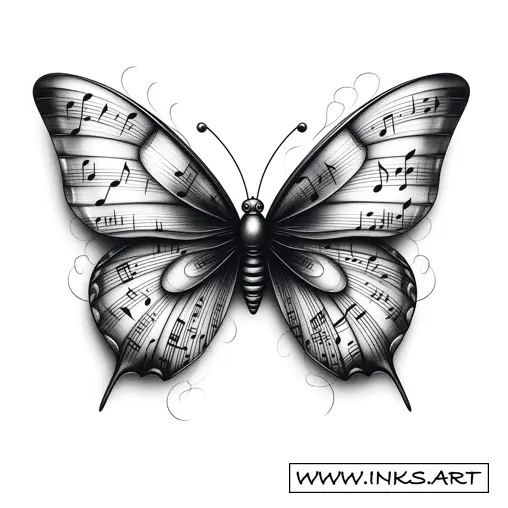 Tattoo Design Music Notes Shaped As Butterfly Style Realism