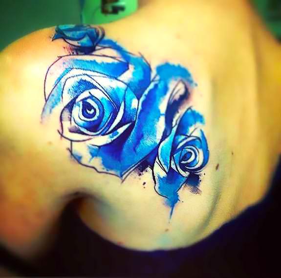 Watercolor Blue Rose Tattoo Behind The Ear